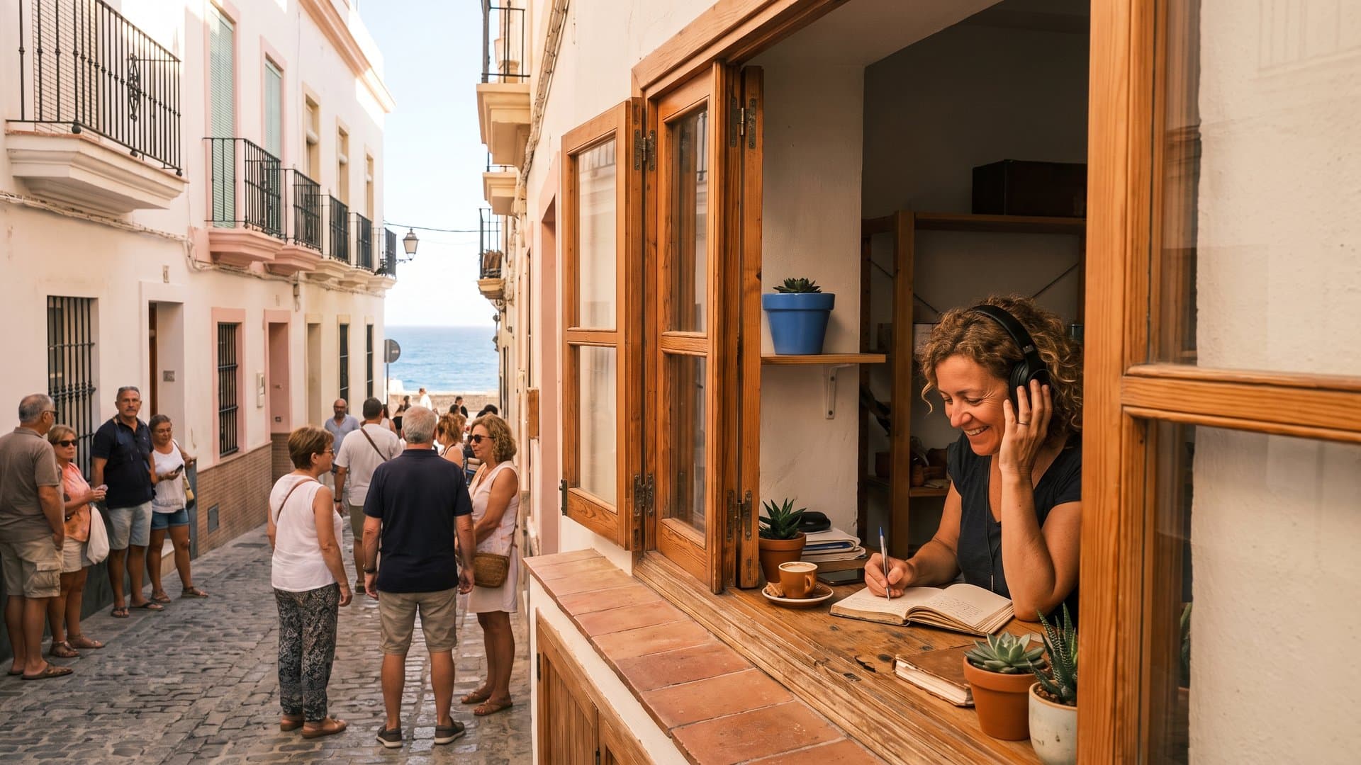 El dueño de una tienda escucha una llamada con auriculares y toma notas