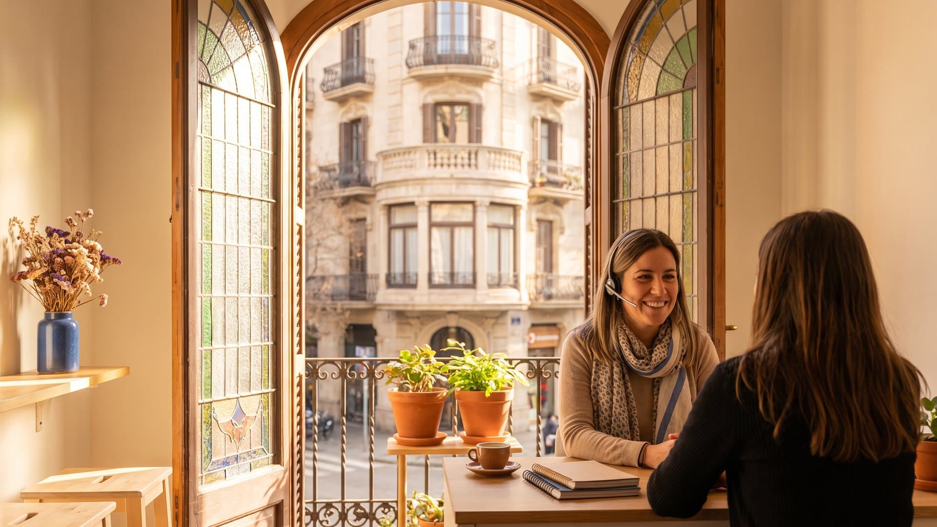 Una persona de soporte con auriculares ayuda a un cliente con una sonrisa