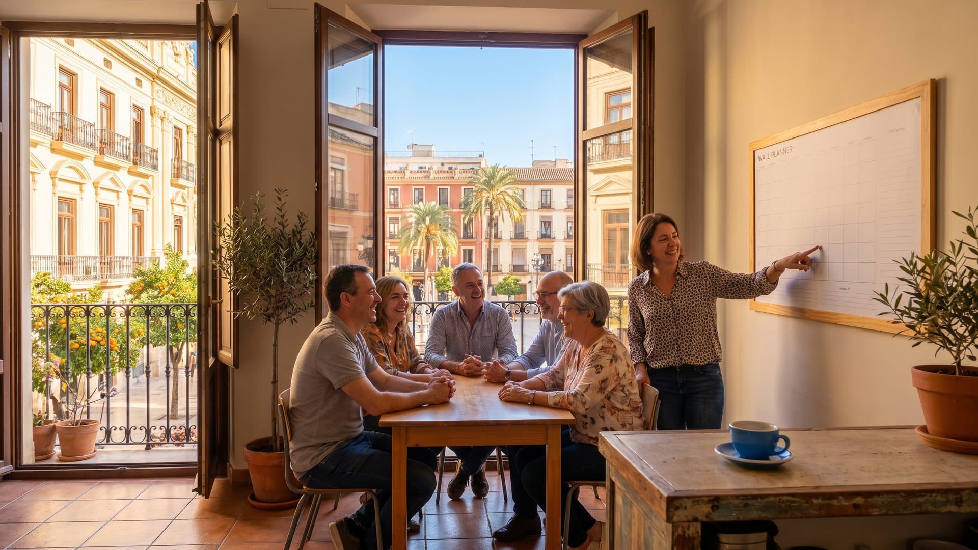 El equipo de un grupo de clínicas dentales reunido en una sala luminosa con balcones