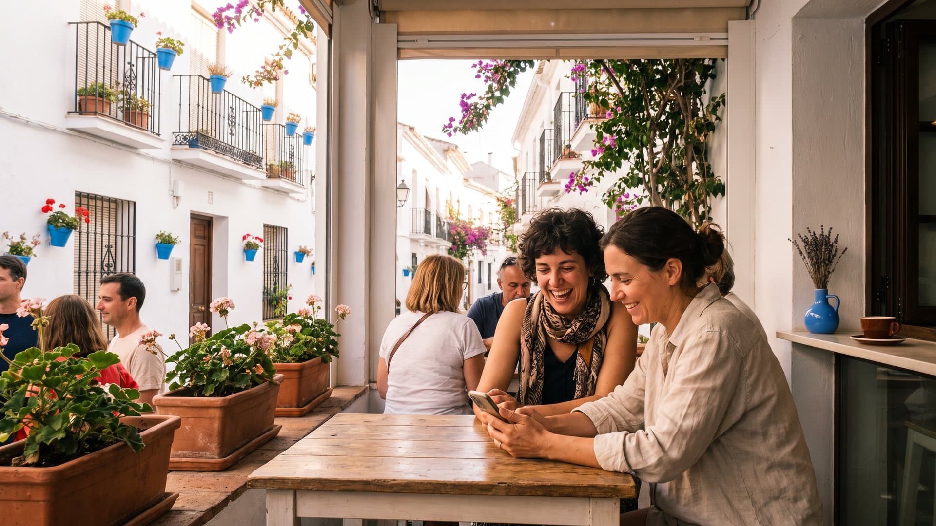 Dos amigos con negocio propio charlan con un café en una terraza