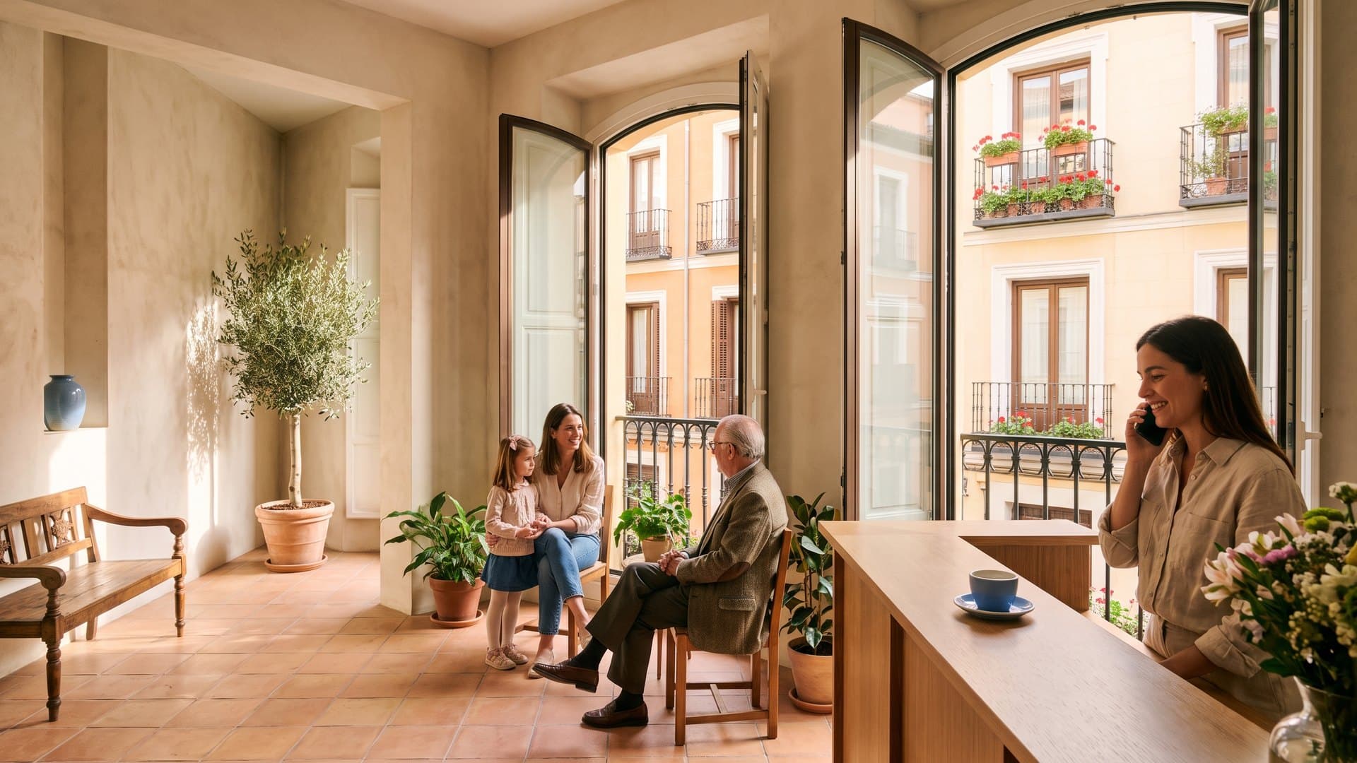 Recepcionista sonriente al teléfono en una clínica dental de Madrid con balcones de forja, una familia y un señor mayor charlando en la sala de espera