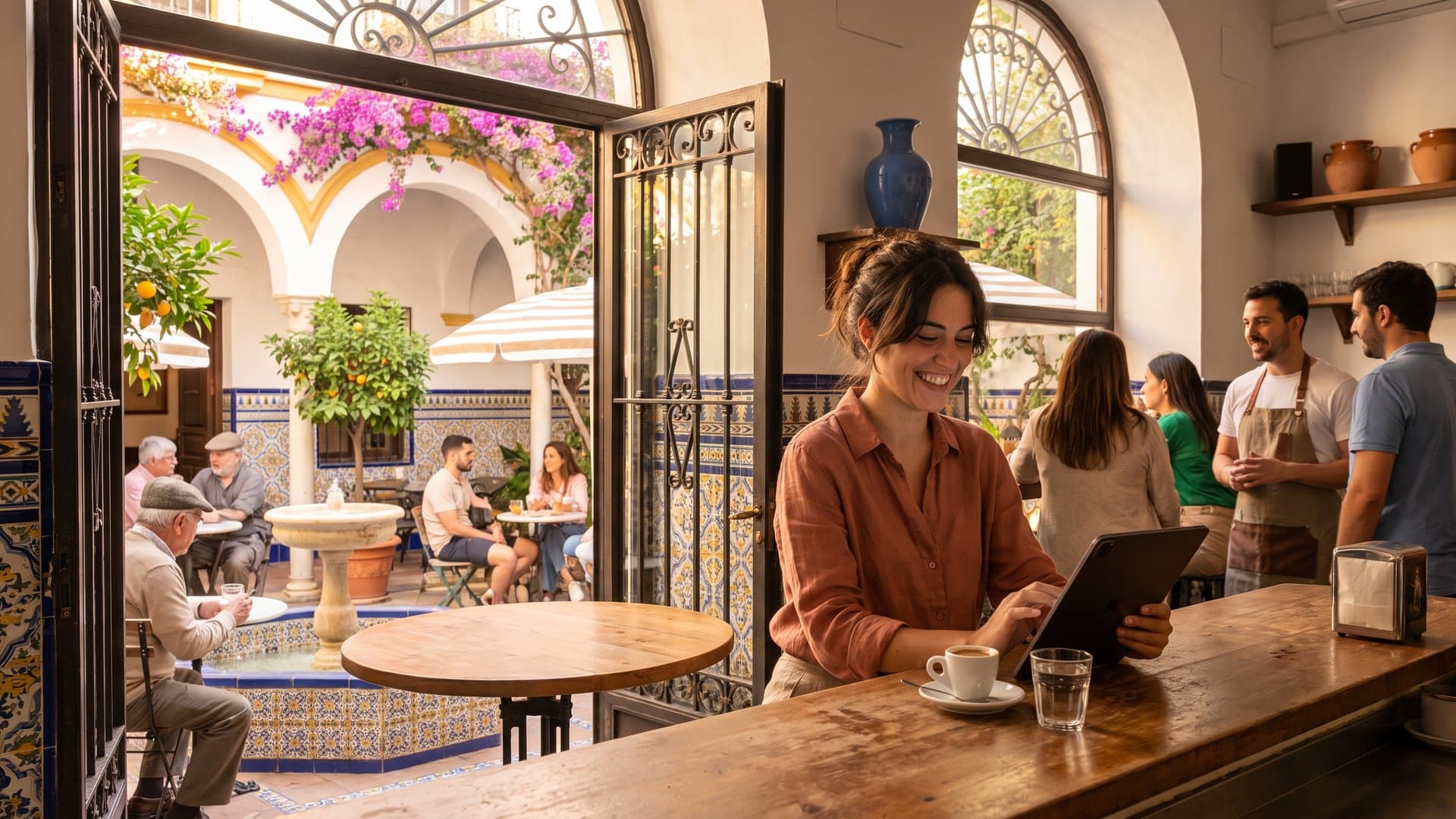 Una mujer lee un artículo en la tableta en una cafetería acogedora