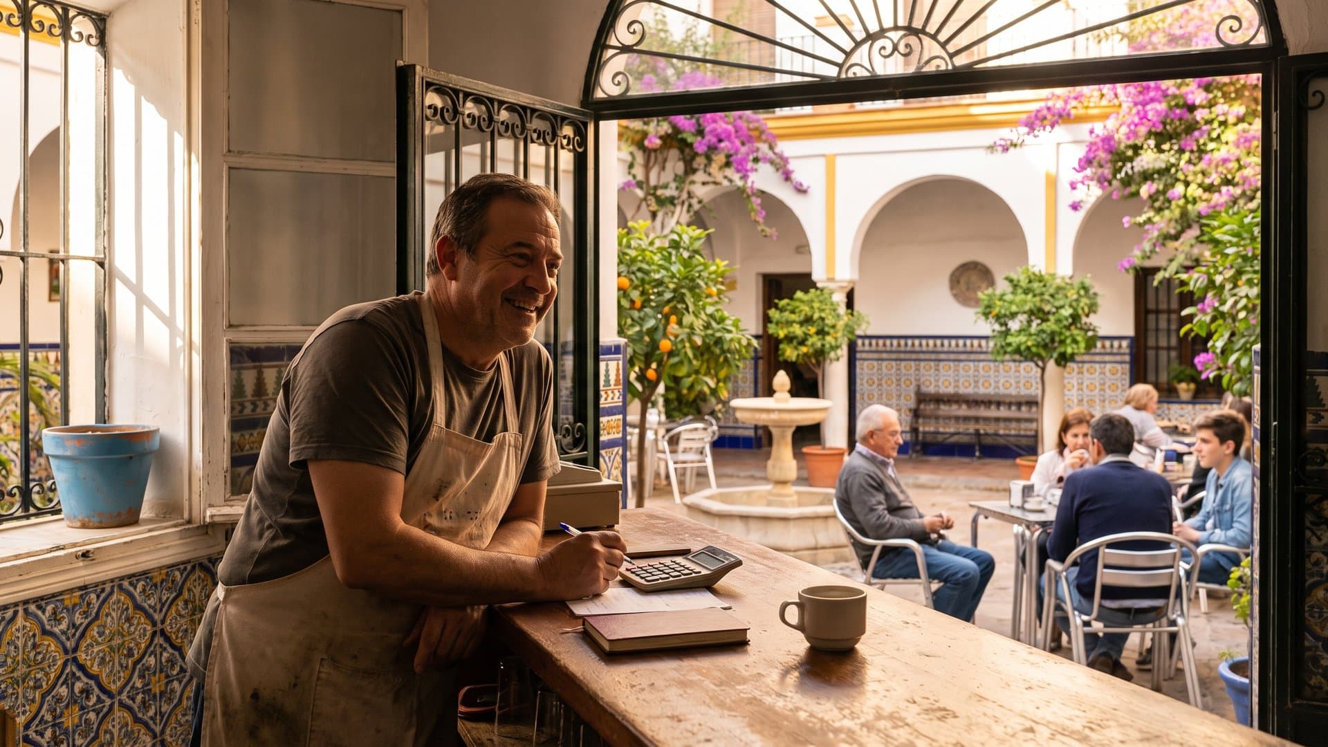 El dueño de un bar de tapas hace cuentas en la barra por la tarde
