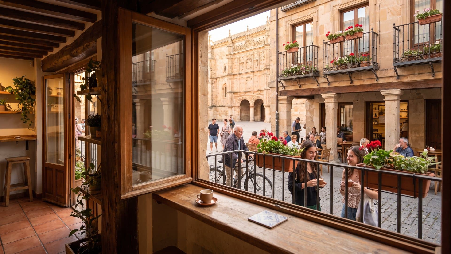 Una calle española al atardecer con flores en los balcones