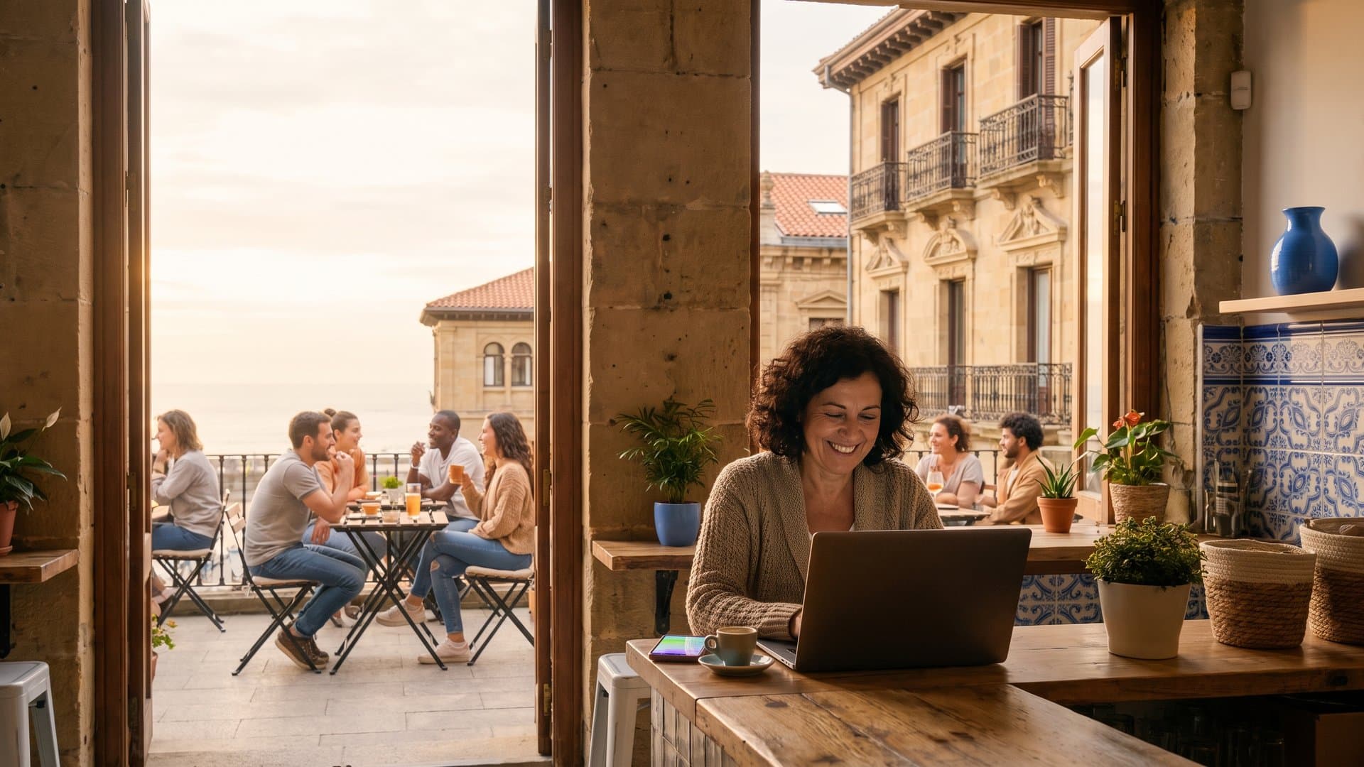 La dueña de una cafetería configura todo en el portátil mientras se ilumina su móvil