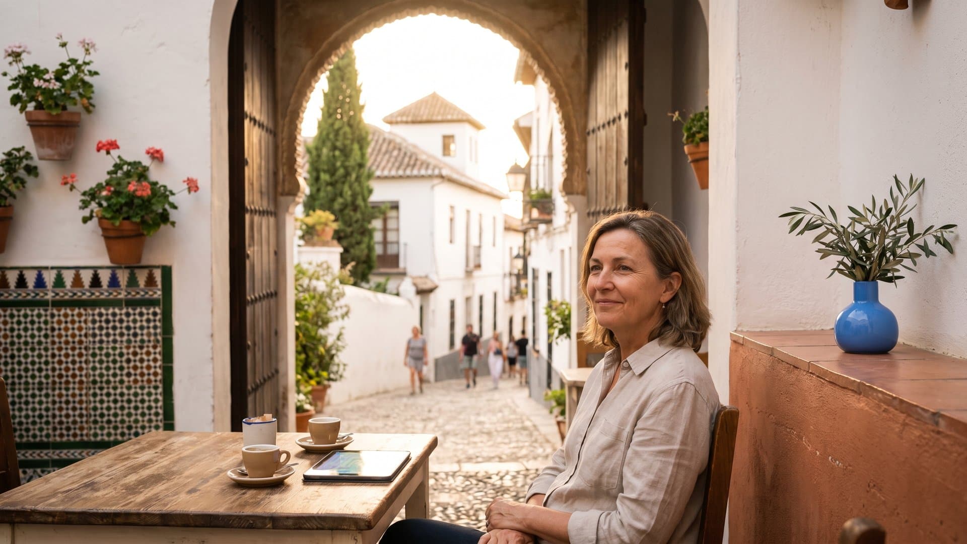 Una empresaria compara opciones en una tableta en una terraza