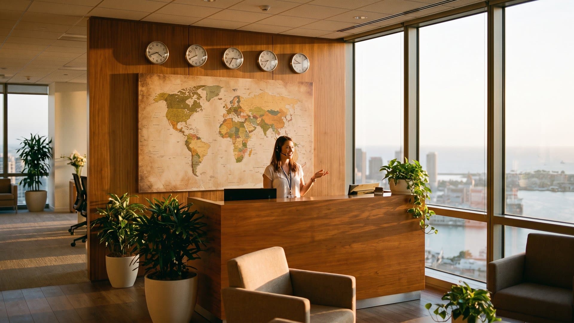Una recepcionista frente a un mapa del mundo y relojes con distintas zonas horarias