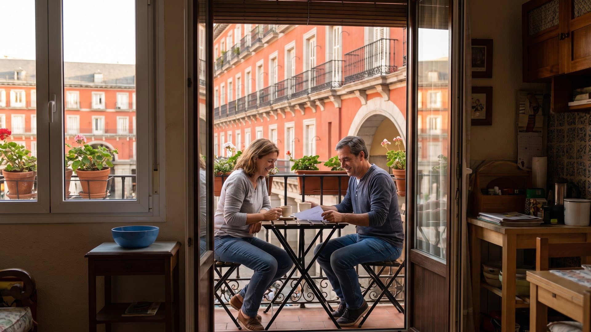 Una pareja que lleva una panadería revisa un plan sencillo con un café en su balcón