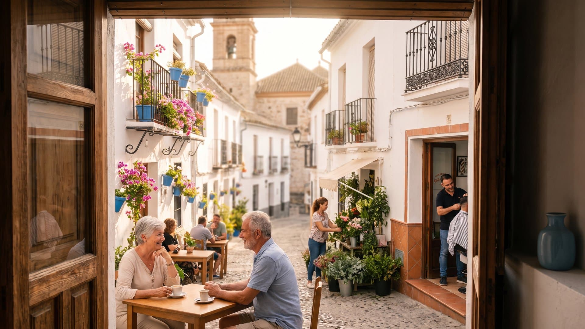 Una calle española de comercios de barrio al atardecer